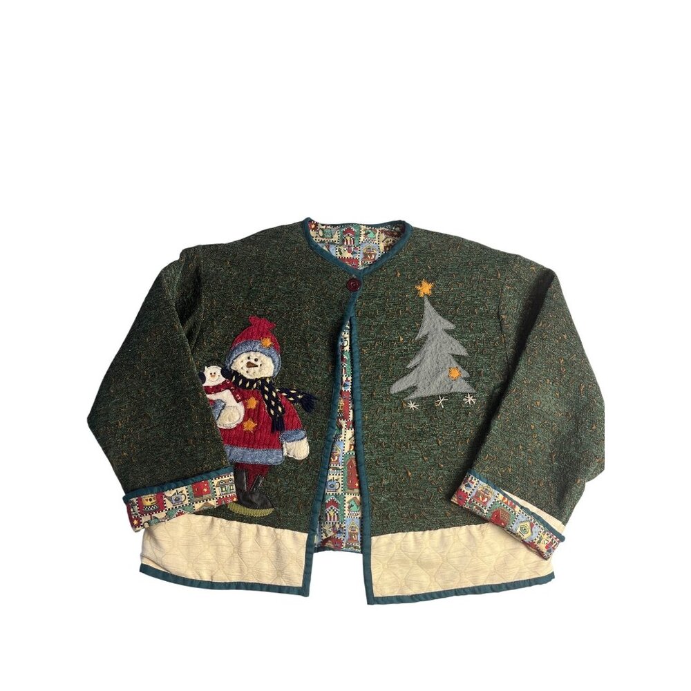 Green Wool Blend Holiday Cardigan W/ Snowman & Tree Appliques -  Large button